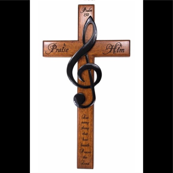 Solid Mahogany Wall Cross with Treble Clef - Psalm 150 “Praise Him” - Picture 2 of 8